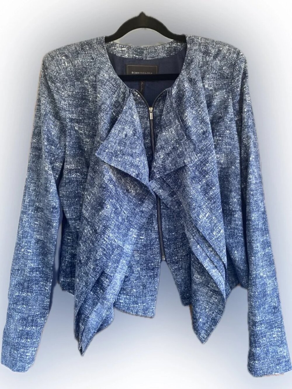 BCBGMaxAzria Navy Blue Waterfall Zip-Front Jacket | SIZE M